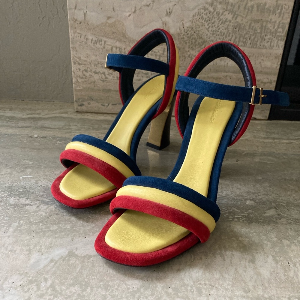 Tory Burch - red,blue and yellow strapped heels - Size 9